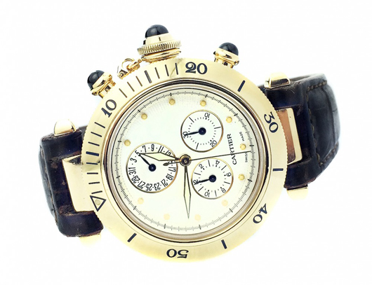 Cartier ‘Pasha’ 18K gold Swiss chronograph wristwatch with case, dial and buckle all signed Cartier. Estimate: $8,000-$12,000. A.B. Levy’s image.